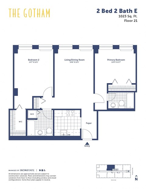 Floor plan for 2 beds, 2 baths, 1023 sqft